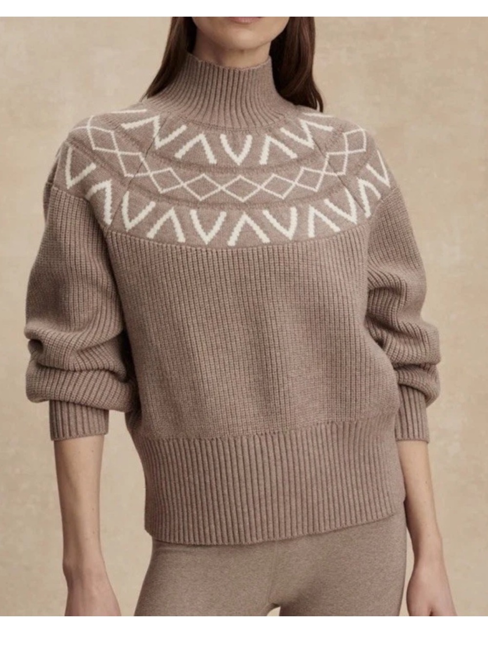 NWT Varley Marcie Fairisle Yoke Knit Sweater Taupe Size XS Logo Mock Neck $188